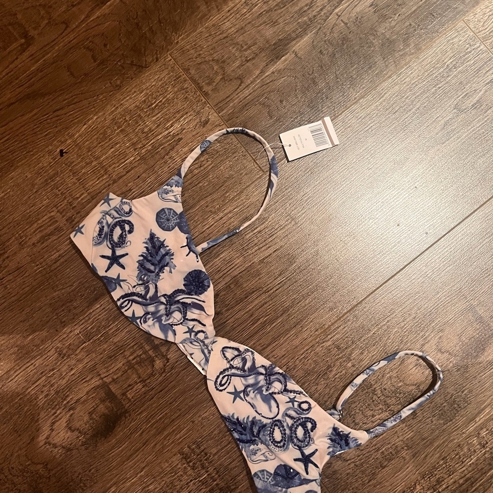 Blue and White Women's Swim Top